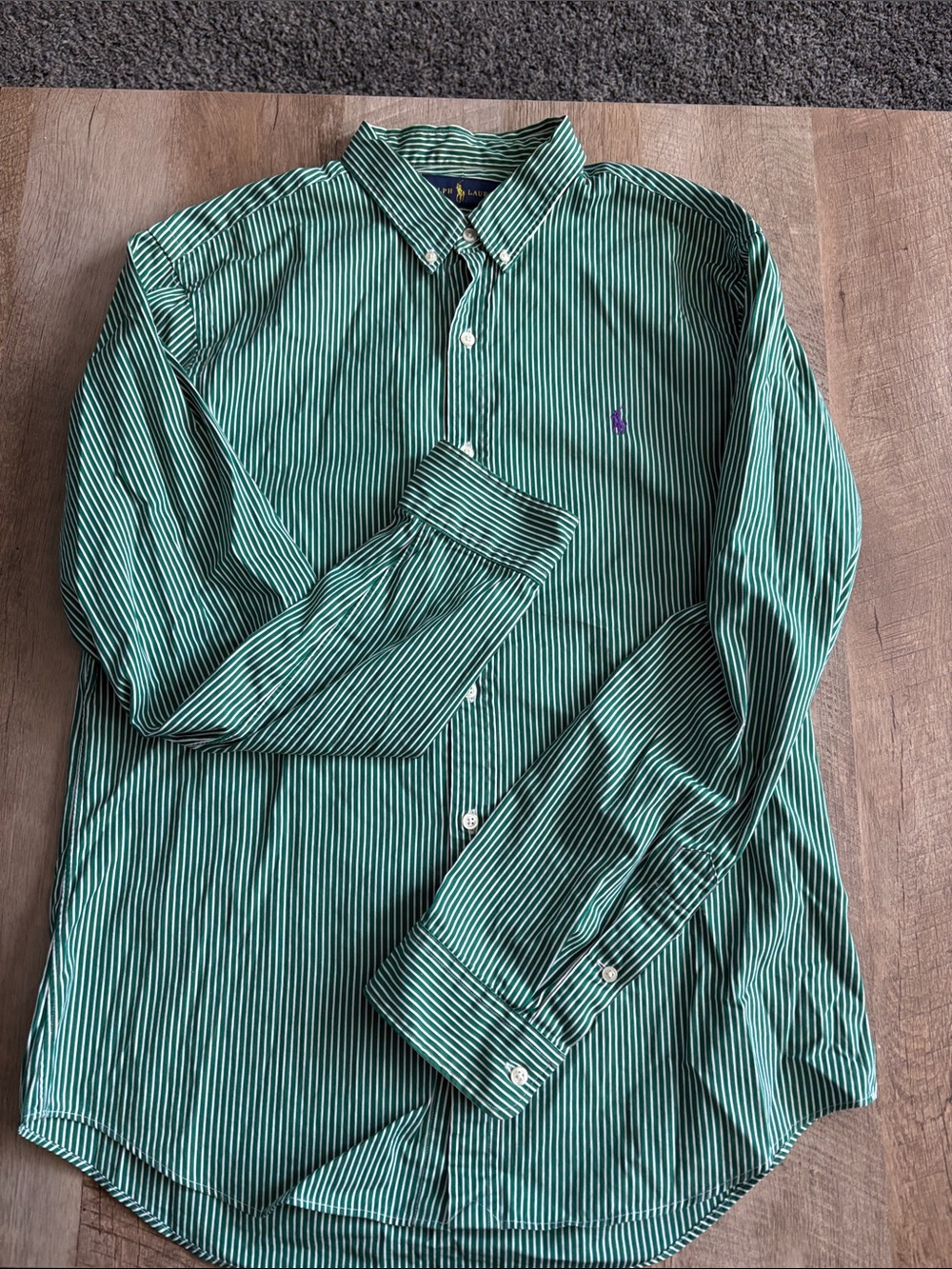 Ralph Lauren Green and White Striped Button-Down Shirt